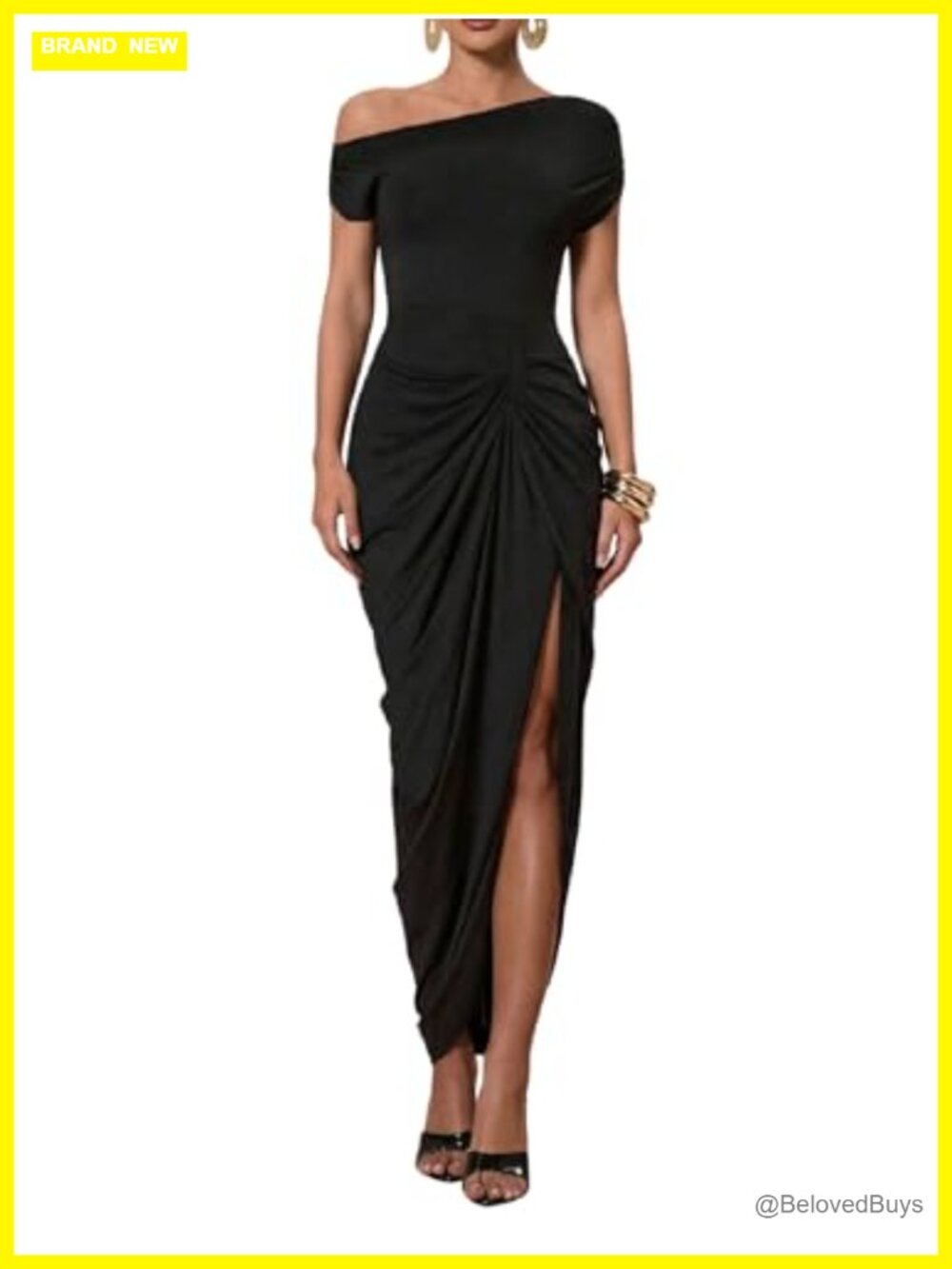 Elegant Asymmetrical Off Shoulder Ruched Slit Bodycon Maxi Cocktail Dress